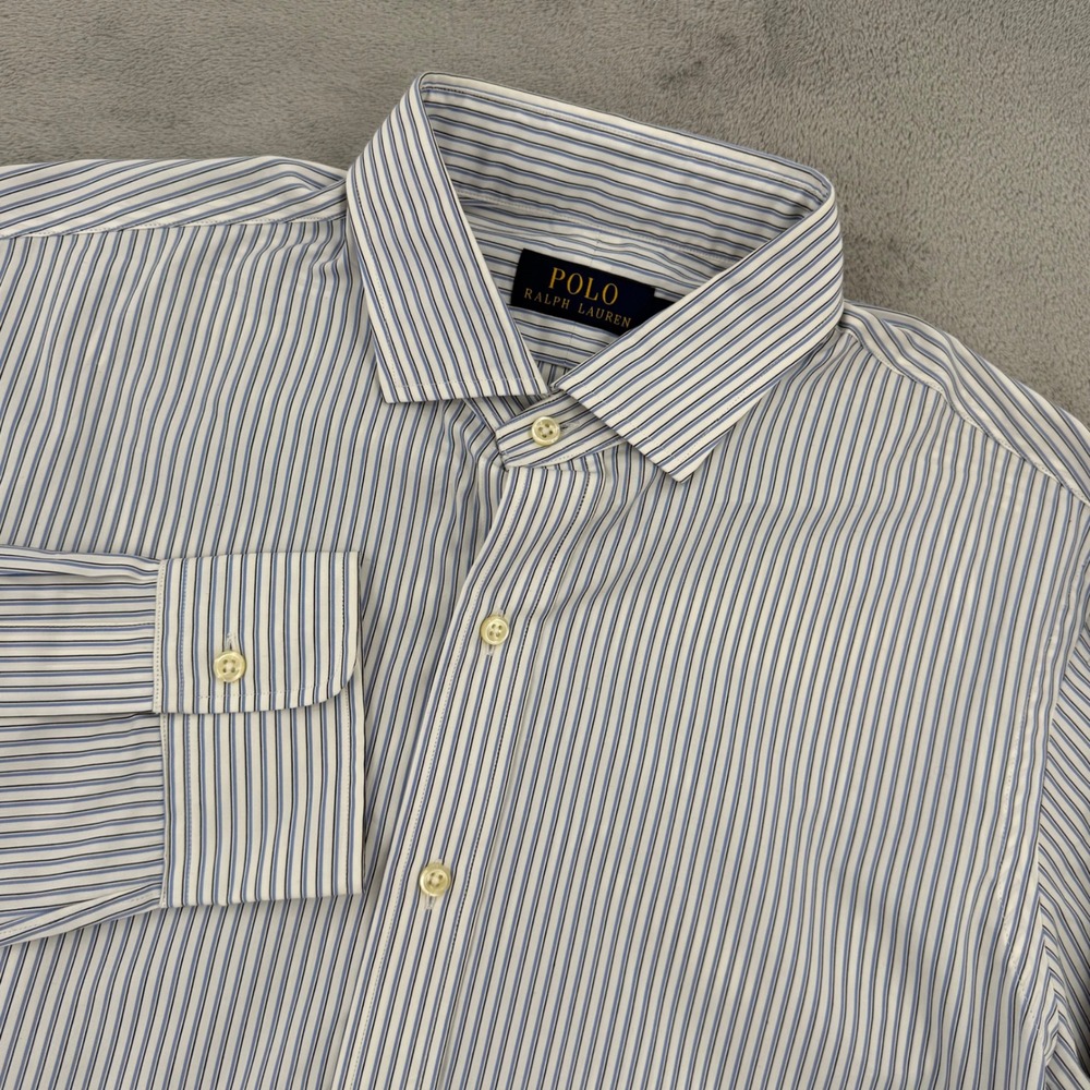Polo Ralph Lauren Shirt Mens 16 40-41 L Striped Button Down White Slat Blue NEW